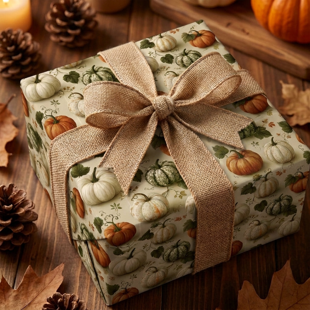 Rustic pumpkin wrapping paper with a burlap bow for Thanksgiving and fall gifts, by Wrapped Studios.