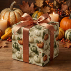 Rustic pumpkin wrapping paper with a copper satin bow on a gift box by Wrapped Studios, perfect for Thanksgiving.
