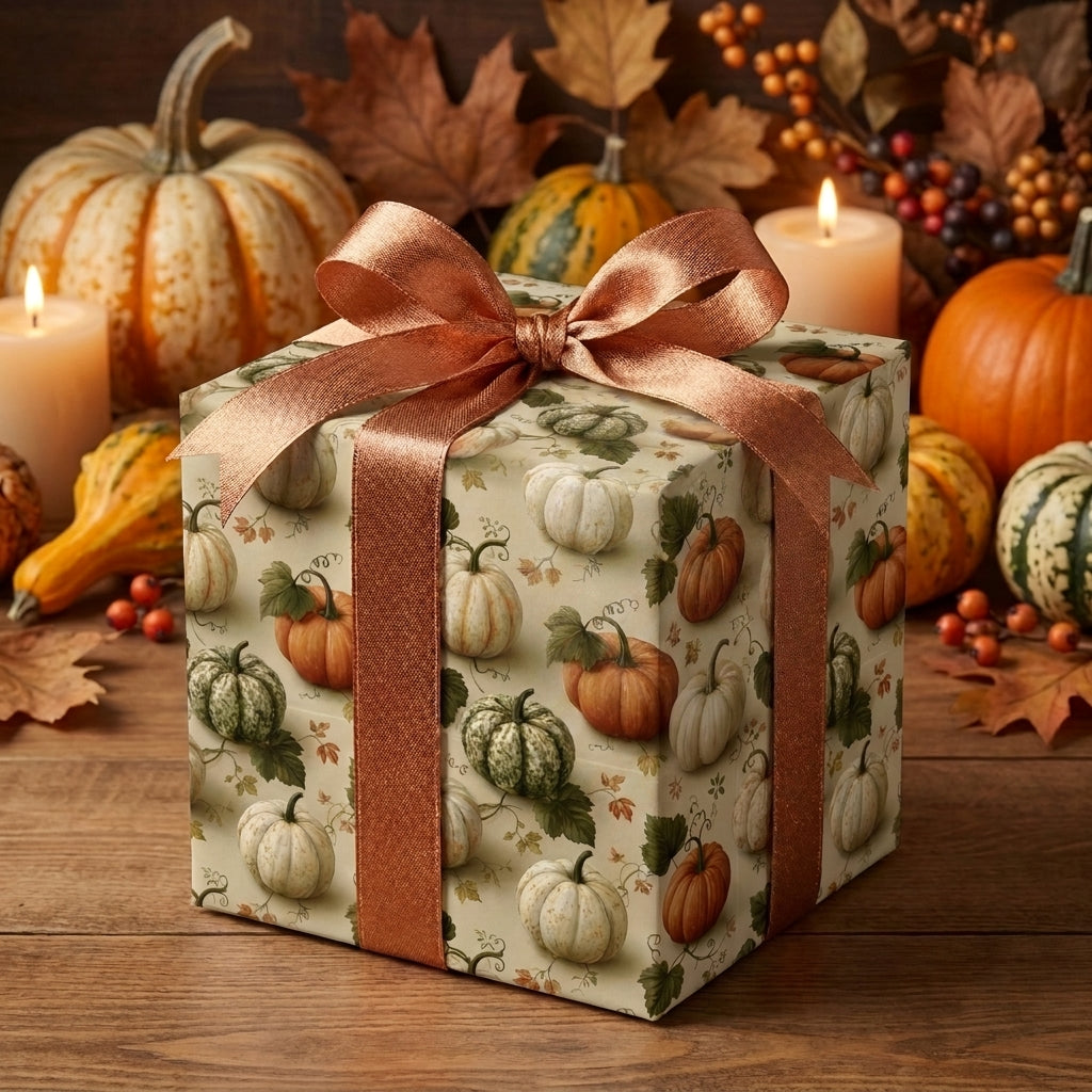 Rustic pumpkin wrapping paper with a copper satin bow on a gift box by Wrapped Studios, perfect for Thanksgiving.