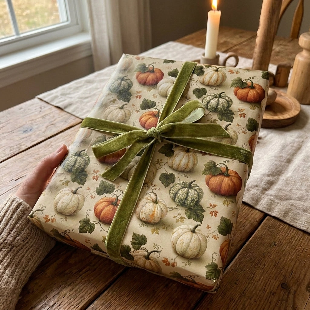 Rustic autumn pumpkin wrapping paper with a green velvet bow by Wrapped Studios.