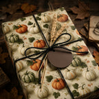Rustic autumn pumpkin wrapping paper on a gift box with a black twine bow by Wrapped Studios.