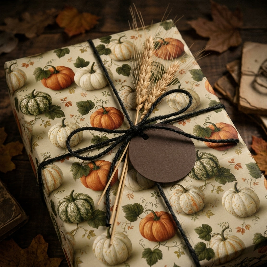 Rustic autumn pumpkin wrapping paper on a gift box with a black twine bow by Wrapped Studios.