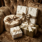 Elegant religious wrapping paper with vintage angel prints on luxury gift boxes by Wrapped Studios.
