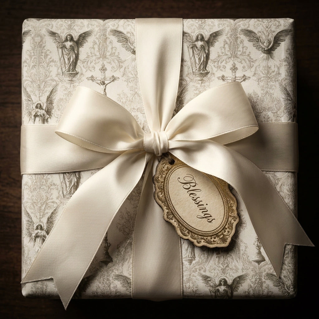 Religious angel wrapping paper for baptism with cream satin bow and Blessings tag by Wrapped Studios.