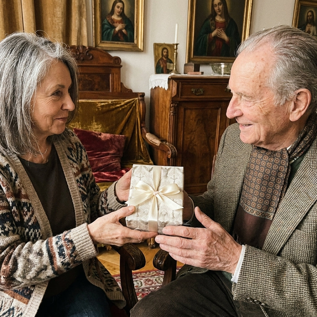 Elderly couple exchanging a gift in vintage religious wrapping paper with satin bow, by Wrapped Studios.