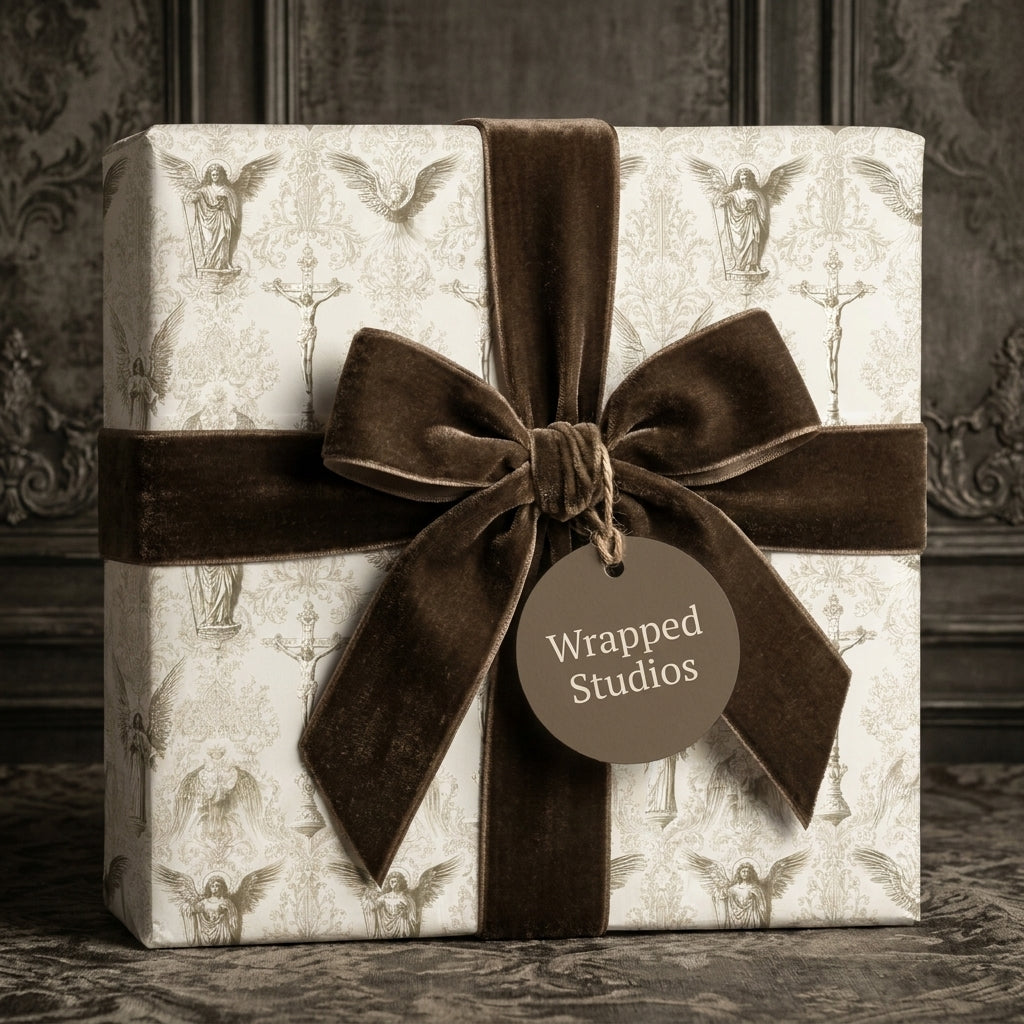 Vintage angel wrapping paper with a brown velvet bow, luxury holiday gift wrap by Wrapped Studios.