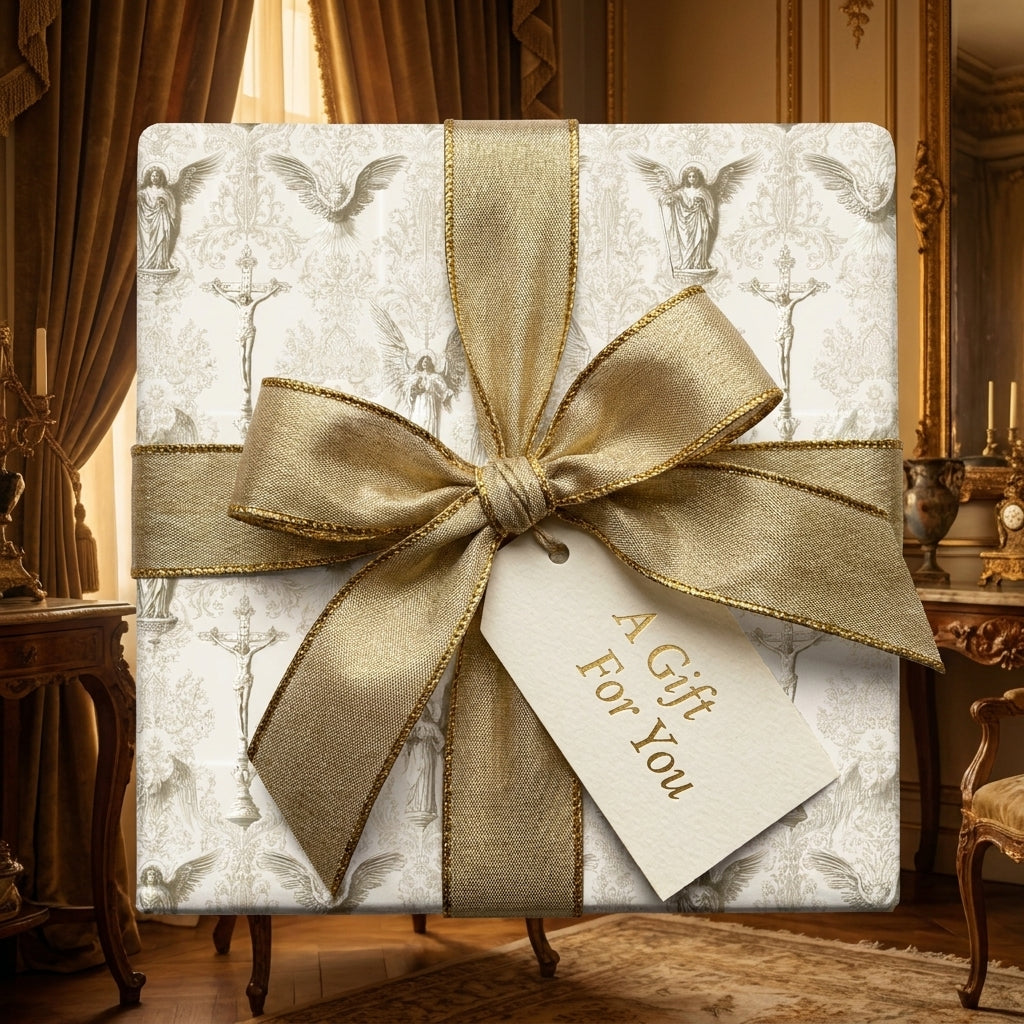 Elegant Christian wrapping paper with vintage angel and cross designs, gold ribbon by Wrapped Studios.