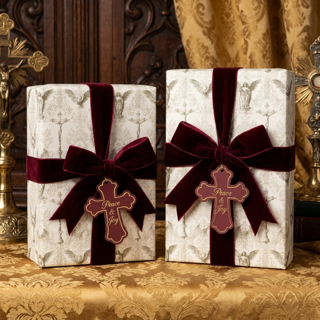 Luxury religious Christmas wrapping paper with burgundy velvet bows and cross tags by Wrapped Studios.
