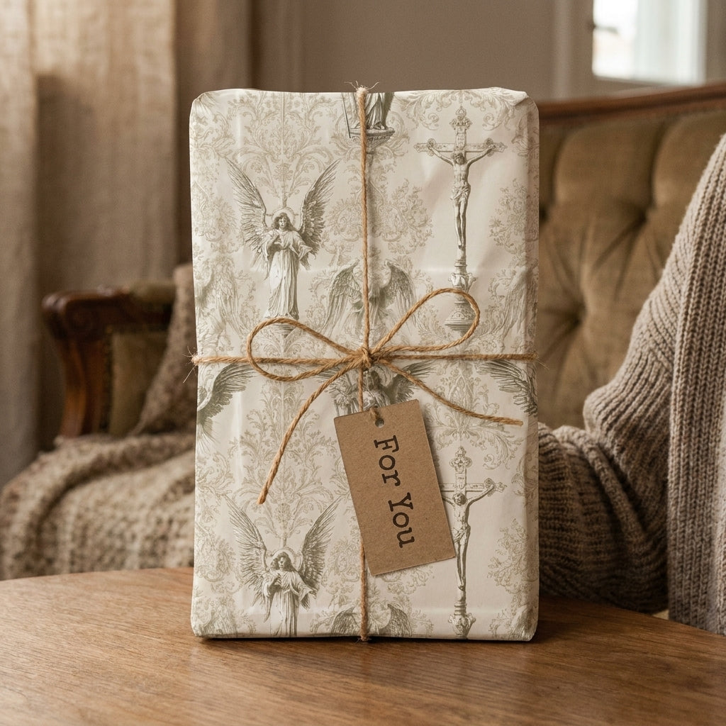 Vintage religious wrapping paper featuring angels and crosses, tied with rustic twine. Wrapped Studios.