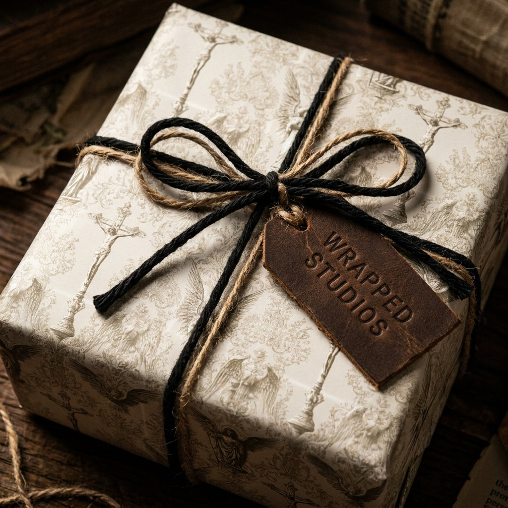 Vintage Christian wrapping paper with angels and crucifixes on a rustic gift box by Wrapped Studios.