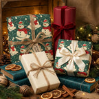 Christmas gift wrap: Presents with snowman wrapping paper and rustic bows in a cozy holiday scene by Wrapped Studios.