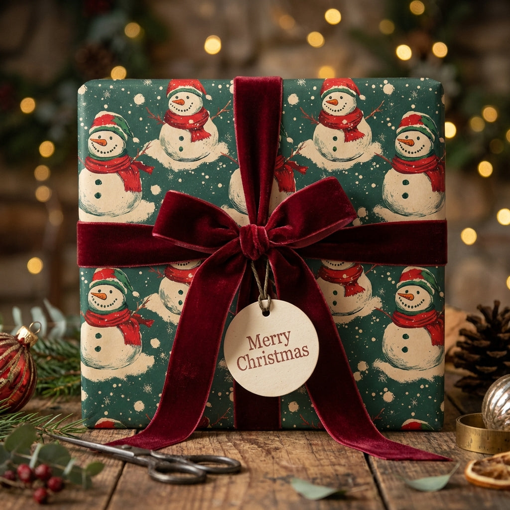 Christmas gift wrapped in retro snowman wrapping paper with a velvet burgundy ribbon.