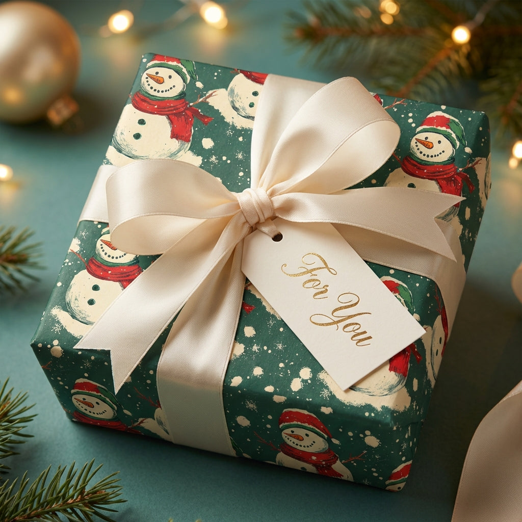 Christmas gift wrapped in a green snowman holiday wrapping paper with cream ribbon.