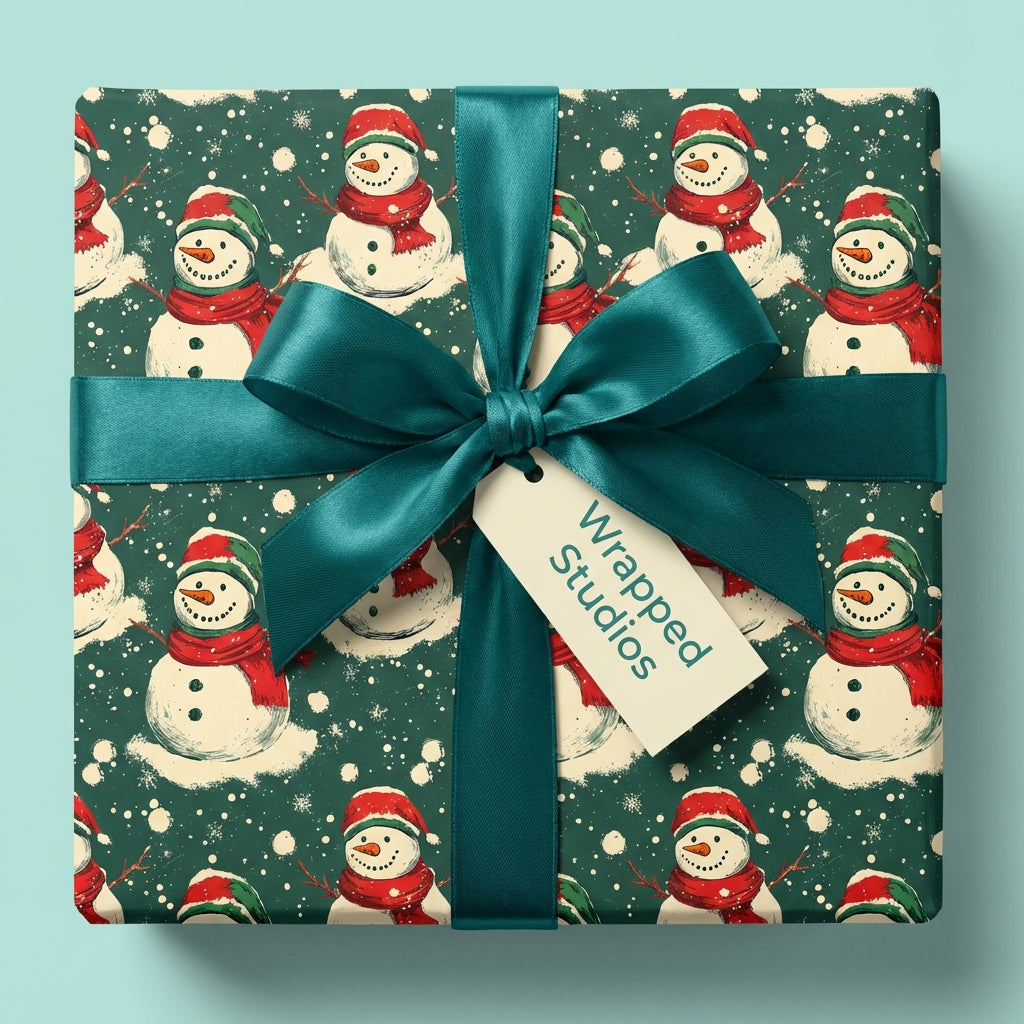 Whimsical Christmas gift wrap from Wrapped Studios, featuring a vintage snowman pattern and teal ribbon.
