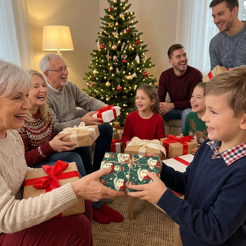 Christmas gift exchange scene with kids and grandparents. Shown is snowman print wrapping paper.