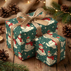 Wrapped Christmas gifts with snowman wrapping paper and twine ribbon on a rustic wooden surface.