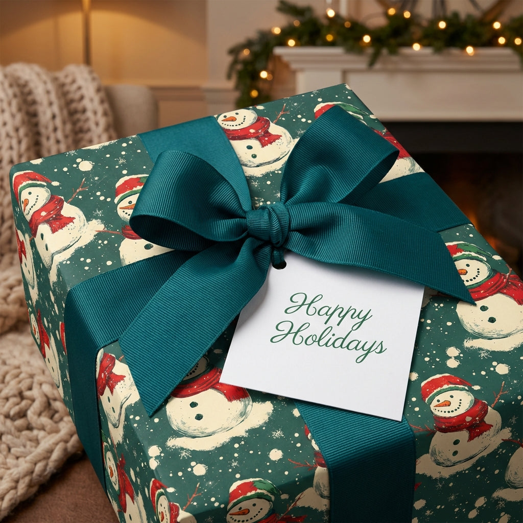 Christmas gift wrapped in green snowman wrapping paper, tied with teal ribbon.