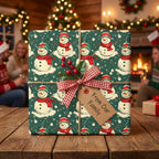 Christmas gift wrapped in a snowman pattern paper with a red and white gingham bow.