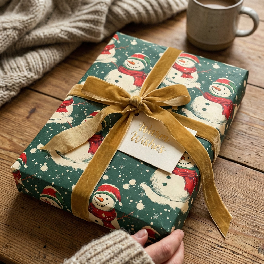 Green Christmas wrapping paper with a snowman pattern, gold ribbon, and "Warm Wishes" tag.