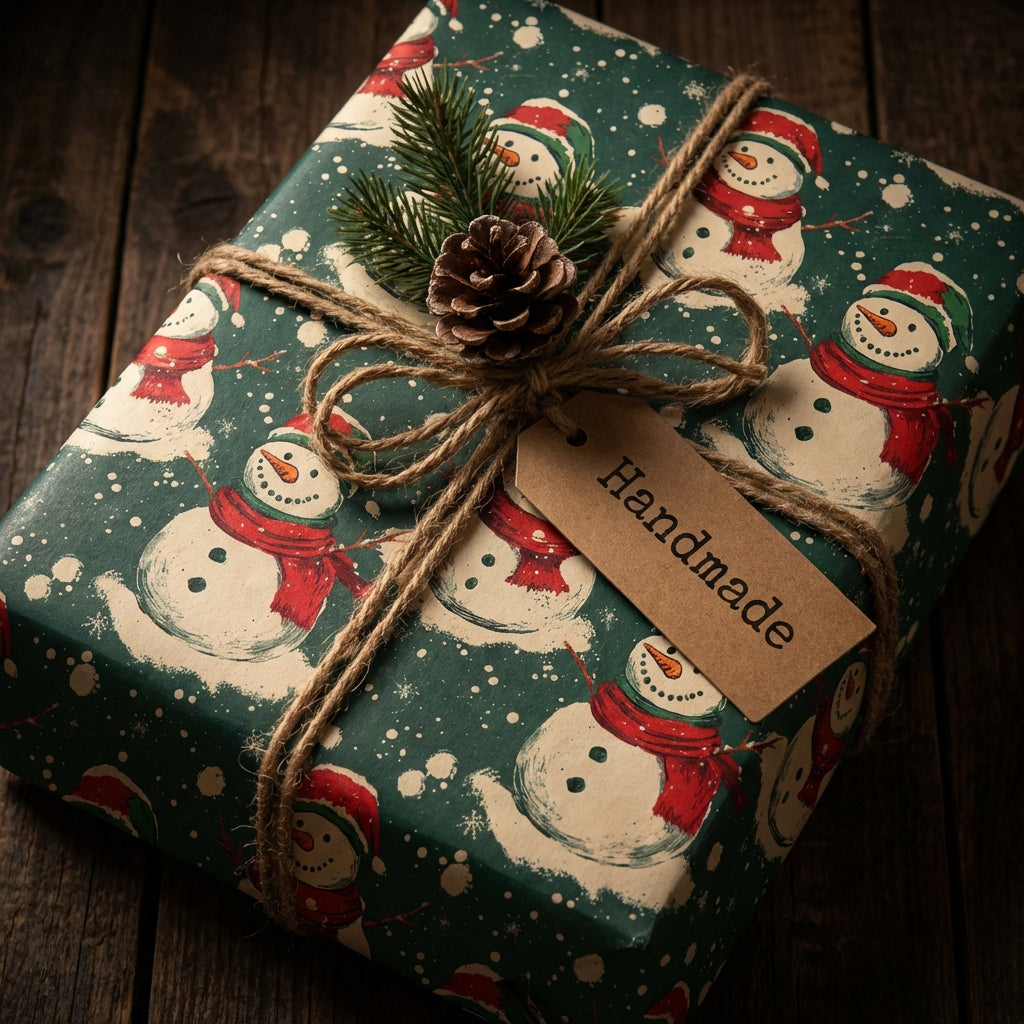 Christmas gift wrapped in green snowman wrapping paper with pinecone and twine.
