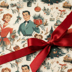 Retro vintage Christmas wrapping paper with a 1950s holiday design and red satin bow by Wrapped Studios.