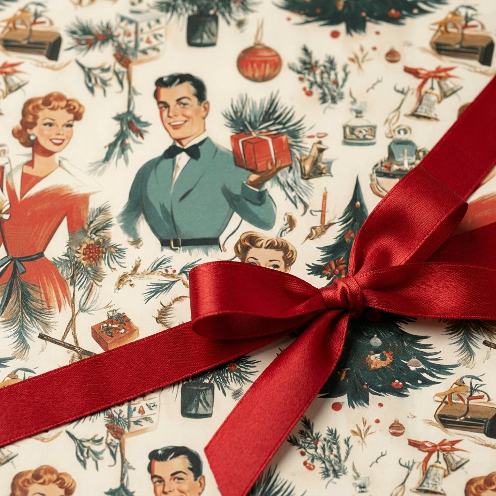 Retro vintage Christmas wrapping paper with a 1950s holiday design and red satin bow by Wrapped Studios.