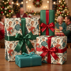Vintage Christmas wrapping paper and retro holiday gift wrap with satin bows by Wrapped Studios.