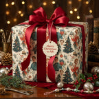Vintage Christmas wrapping paper with retro 1950s illustration and a red satin bow by Wrapped Studios.