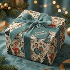Vintage Christmas wrapping paper with retro 1950s illustrations and velvet bow by Wrapped Studios.