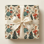 Retro 1950s Christmas wrapping paper with a cream satin bow, vintage holiday gift wrap by Wrapped Studios.
