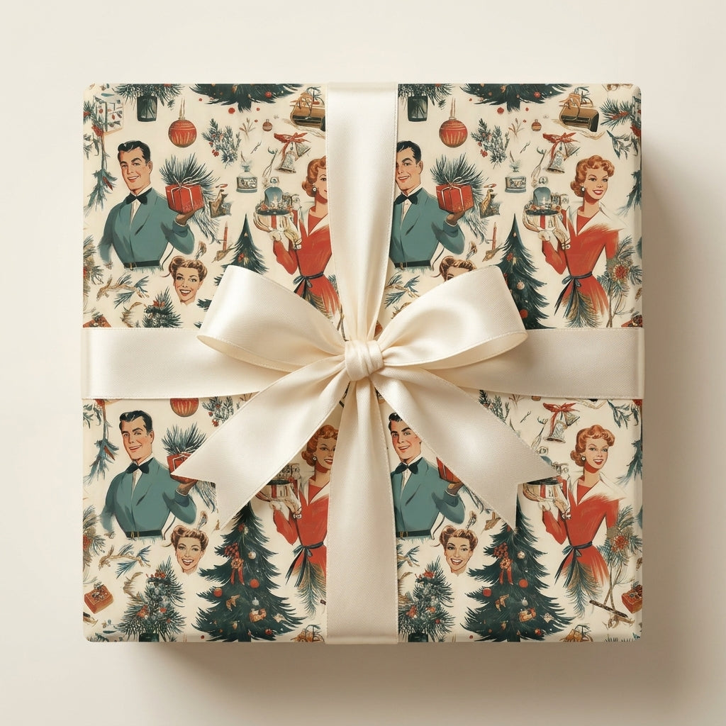 Retro 1950s Christmas wrapping paper with a cream satin bow, vintage holiday gift wrap by Wrapped Studios.