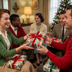 Retro 1950s Christmas wrapping paper on gifts in a vintage holiday scene by Wrapped Studios.