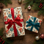 Vintage Christmas wrapping paper with retro 1950s print, satin and velvet bows by Wrapped Studios.