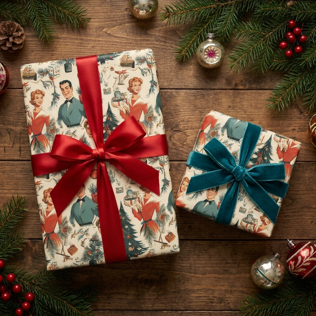 Vintage Christmas wrapping paper with retro 1950s print, satin and velvet bows by Wrapped Studios.