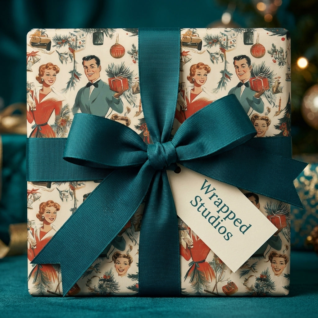 Vintage Christmas wrapping paper with a 1950s retro print and teal ribbon by Wrapped Studios.