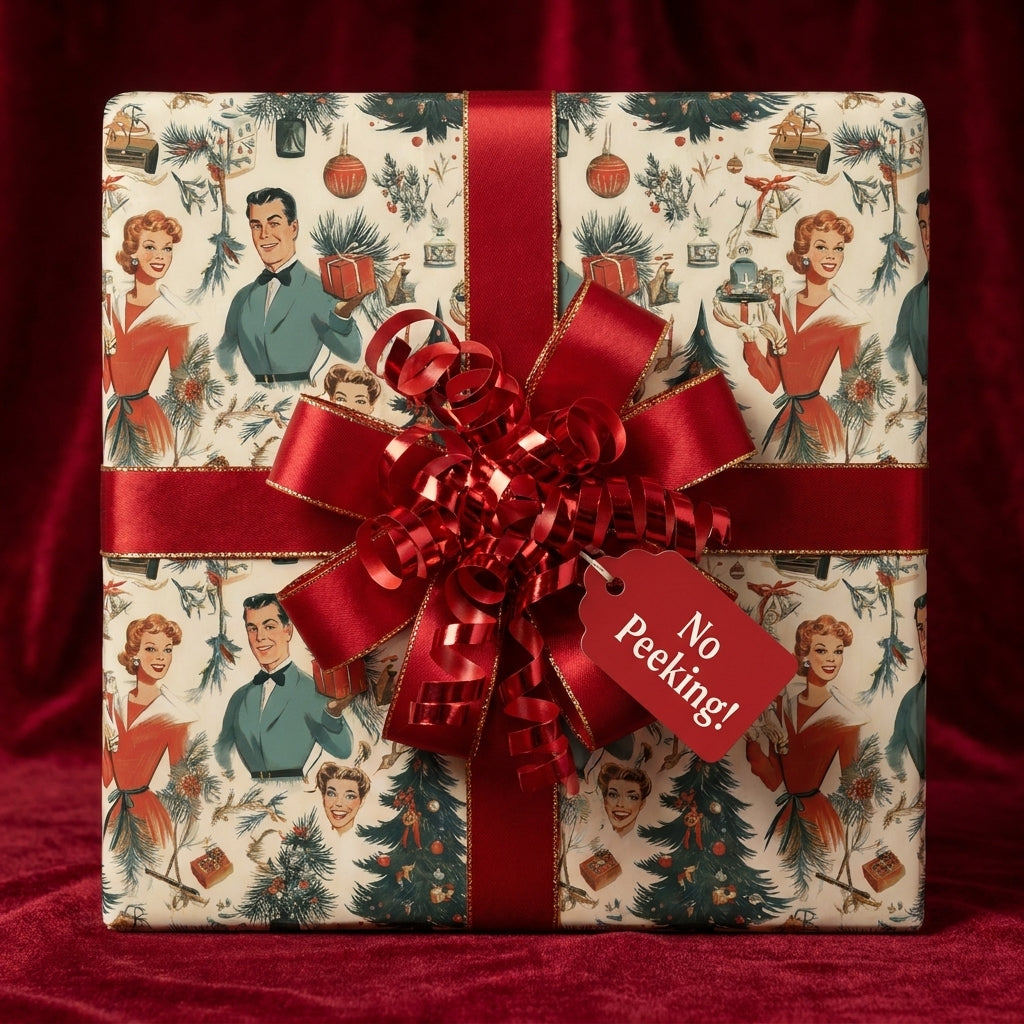 Vintage Christmas wrapping paper with 1950s retro print, red bow, and tag by Wrapped Studios.
