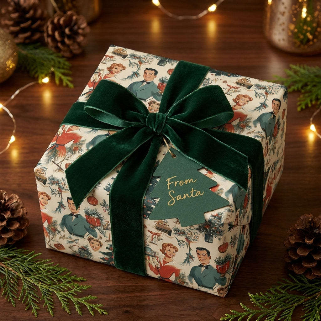 Vintage Christmas wrapping paper with a retro mid-century pattern and green velvet bow by Wrapped Studios.