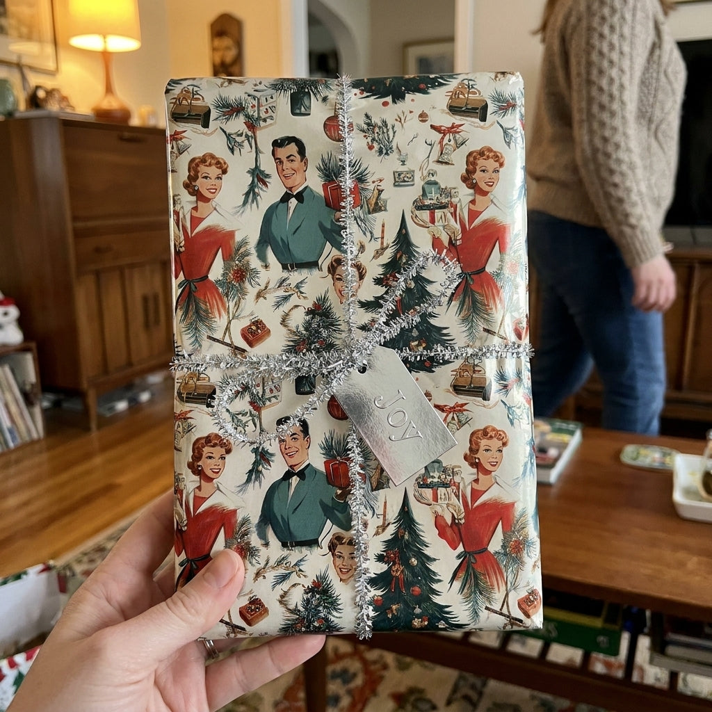 Vintage 1950s retro Christmas wrapping paper by Wrapped Studios, featuring a silver tinsel bow and JOY tag.