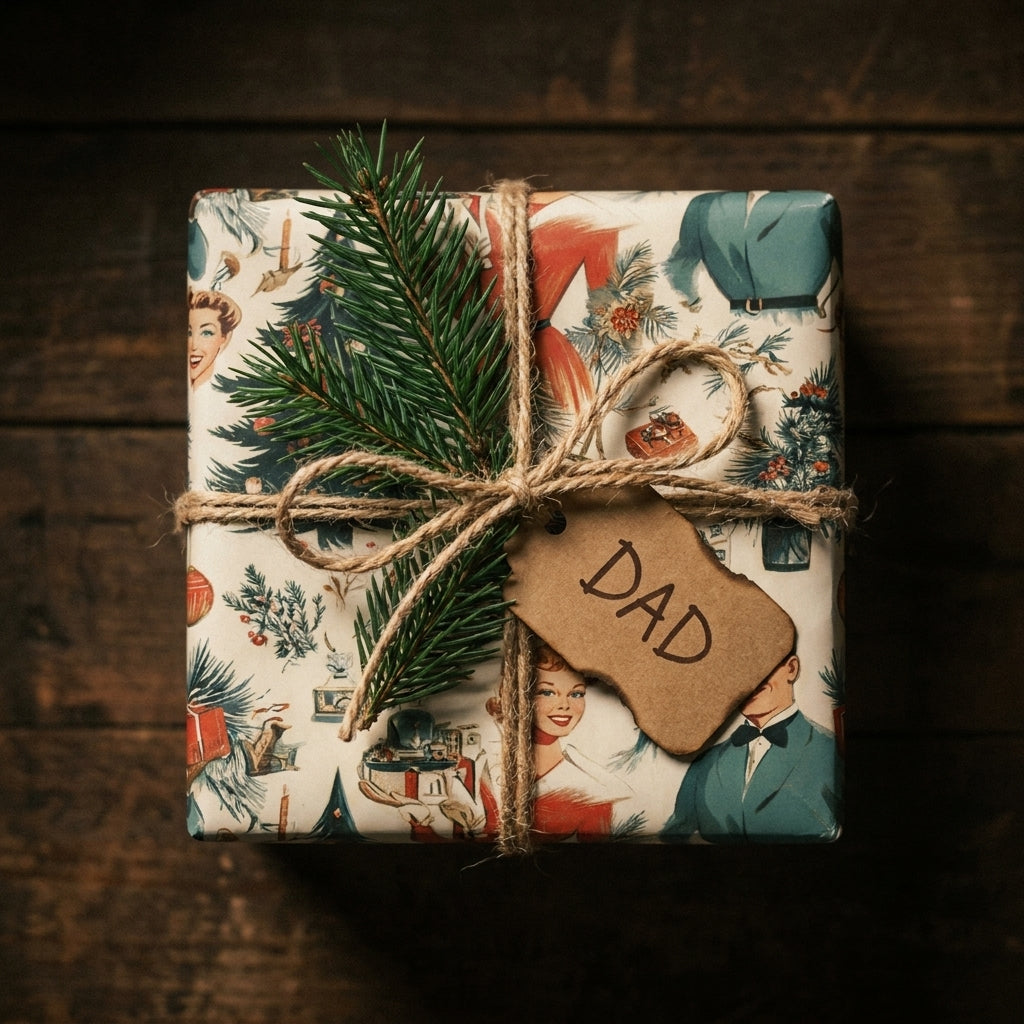 Vintage Christmas wrapping paper on a gift box for dad with rustic twine and pine, by Wrapped Studios.
