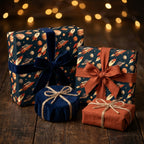 Space wrapping paper with vintage rockets and planets, tied with velvet bows by Wrapped Studios.