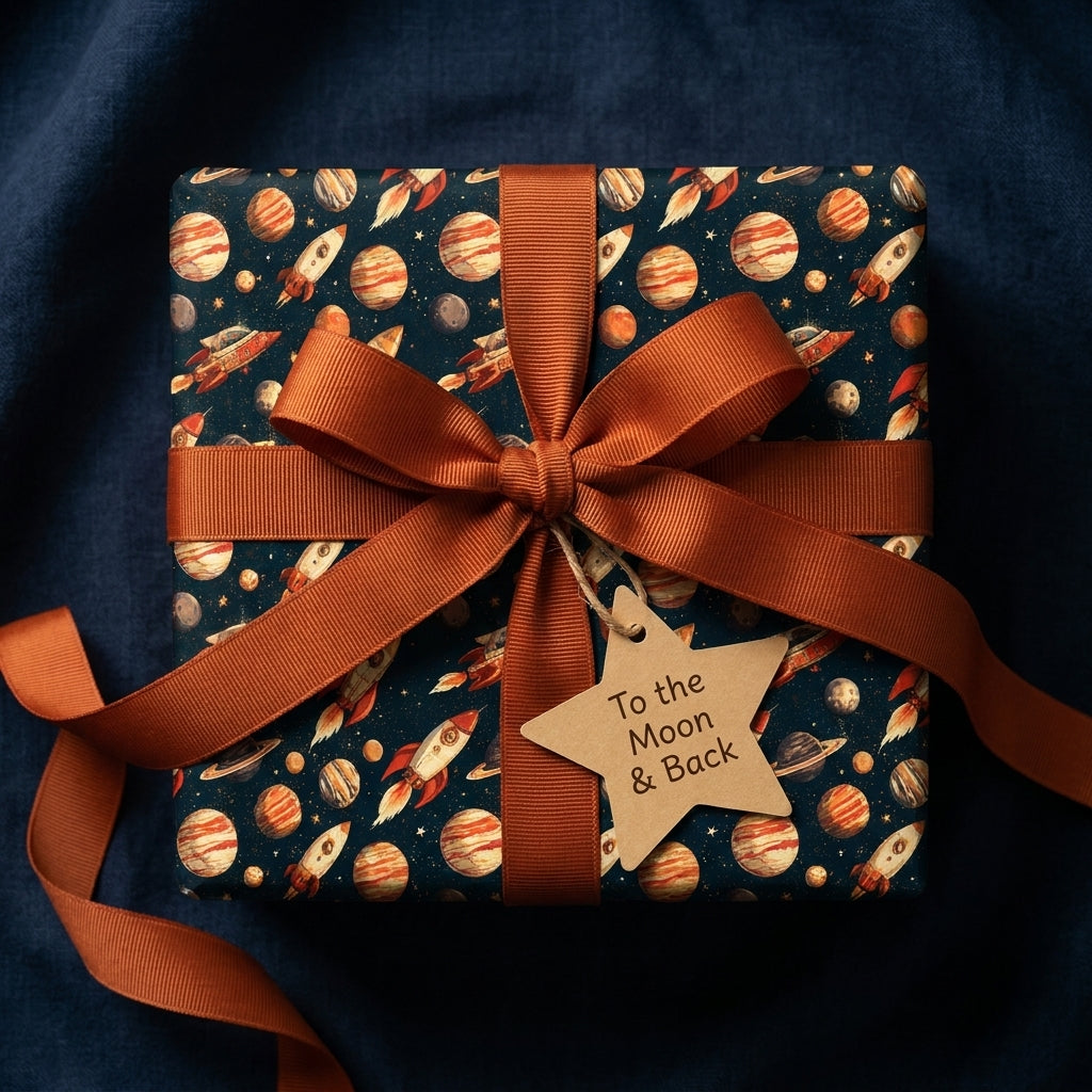 Outer space wrapping paper with planets and rockets, tied with a copper ribbon bow by Wrapped Studios.