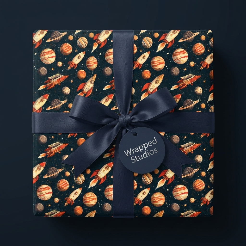 Space themed birthday wrapping paper with rockets and planets, tied with a navy bow by Wrapped Studios.