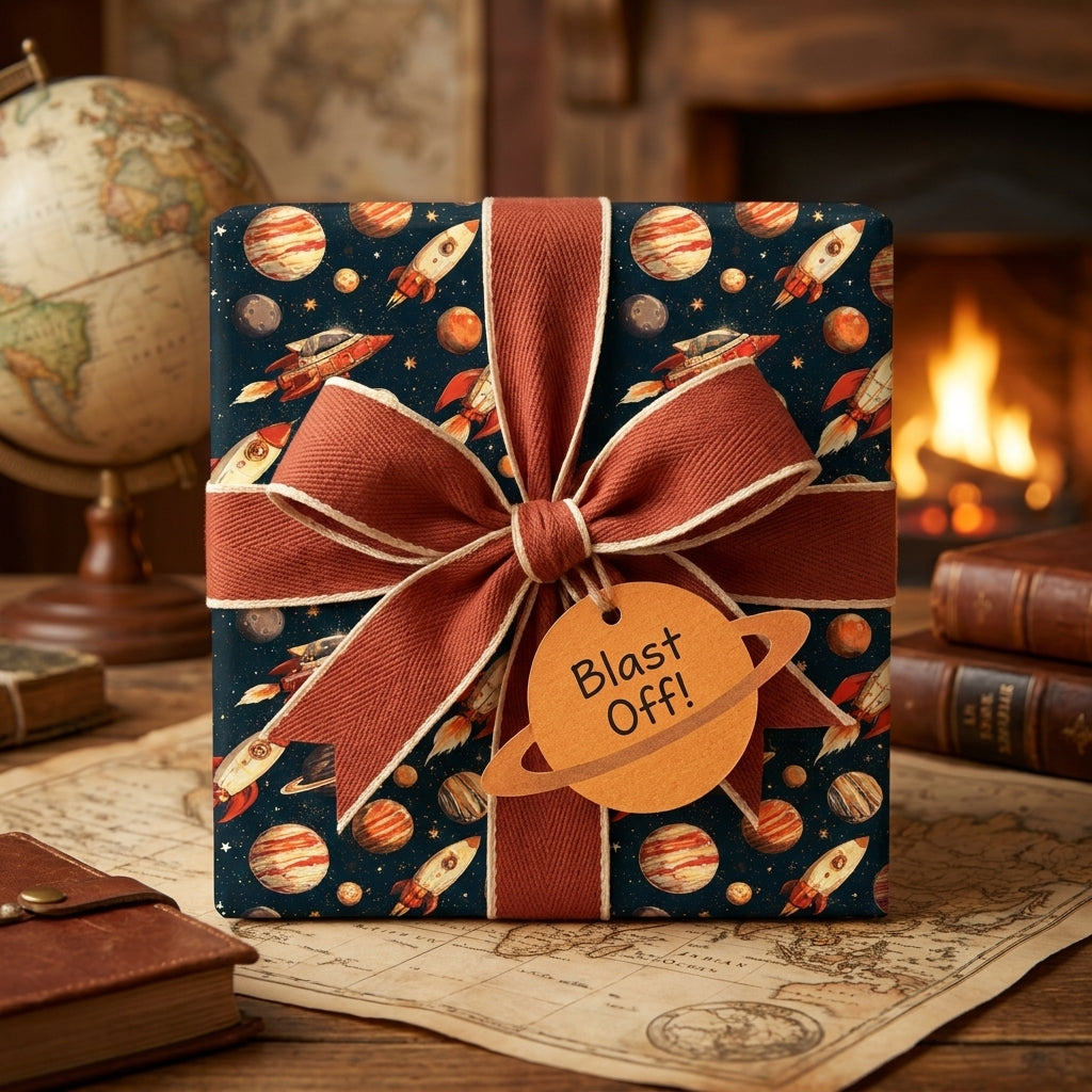 Vintage outer space wrapping paper with rockets and planets, styled with a rust bow by Wrapped Studios.