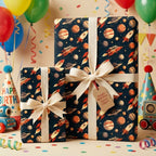 Outer space birthday wrapping paper with retro rockets and planets on gifts, by Wrapped Studios.
