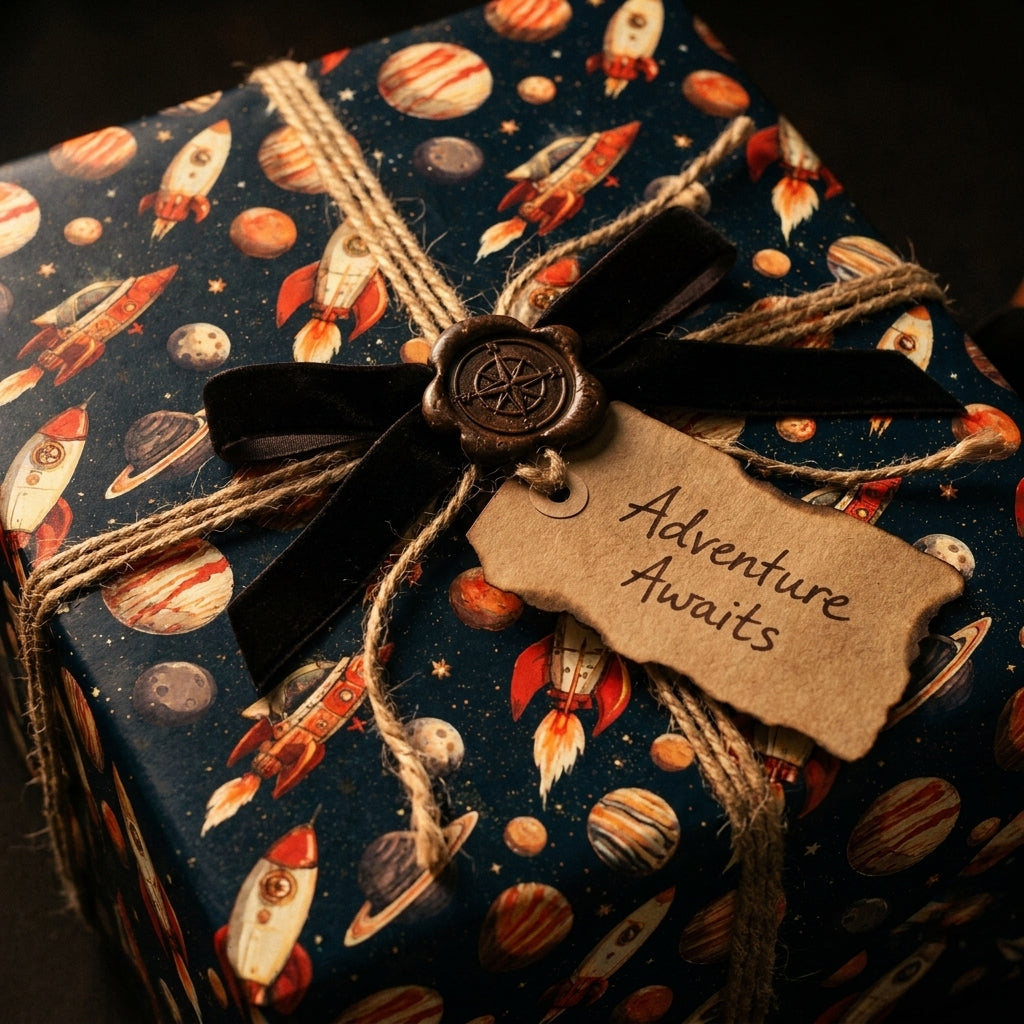 Outer space wrapping paper with retro rockets, planets, and a black velvet ribbon by Wrapped Studios.