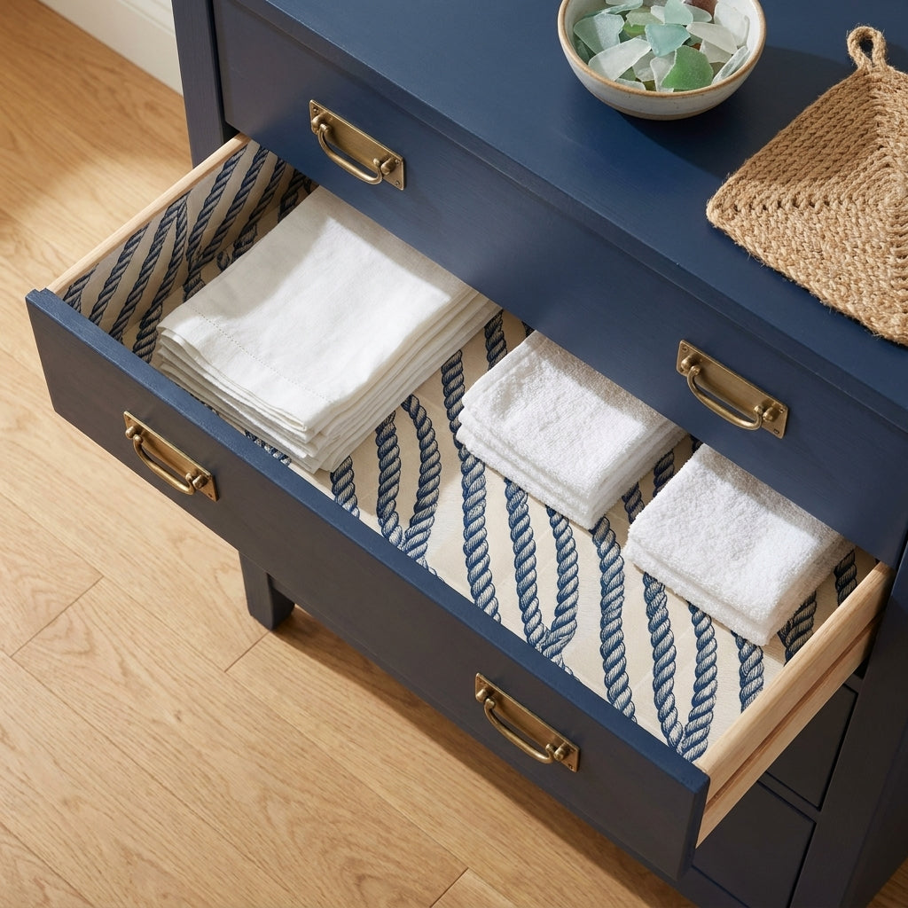 Nautical blue rope wrapping paper used as a drawer liner in a navy dresser, by Wrapped Studios.