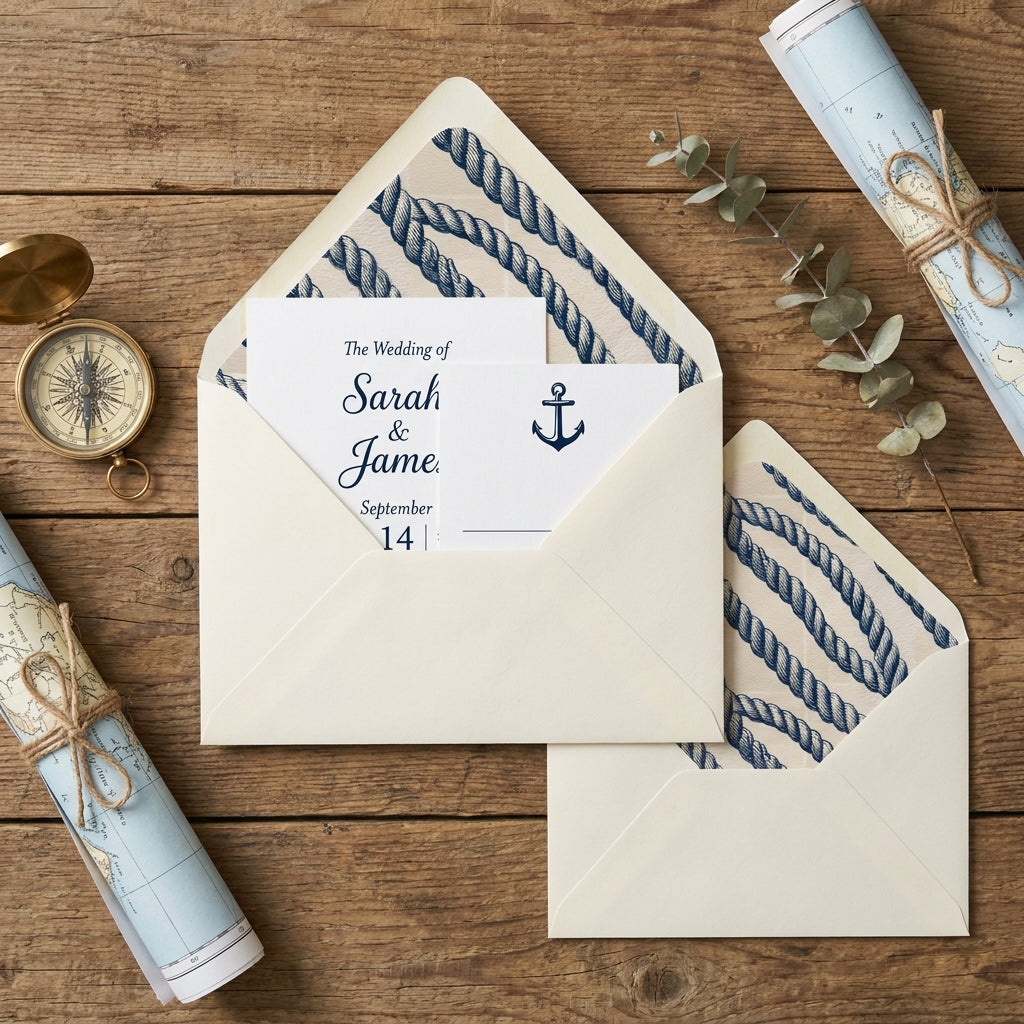 Nautical rope pattern wrapping paper as wedding envelope liners on rustic wood by Wrapped Studios.