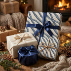 Blue rope nautical wrapping paper on gift boxes by a cozy fireplace. Wrapped Studios luxury holiday gift wrap.