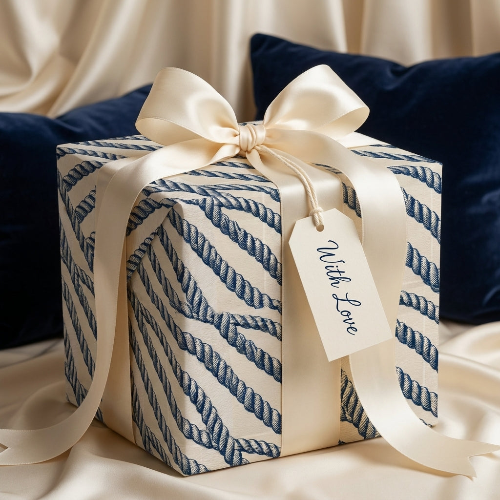 Nautical rope wrapping paper on a luxury gift box with a cream satin bow by Wrapped Studios.