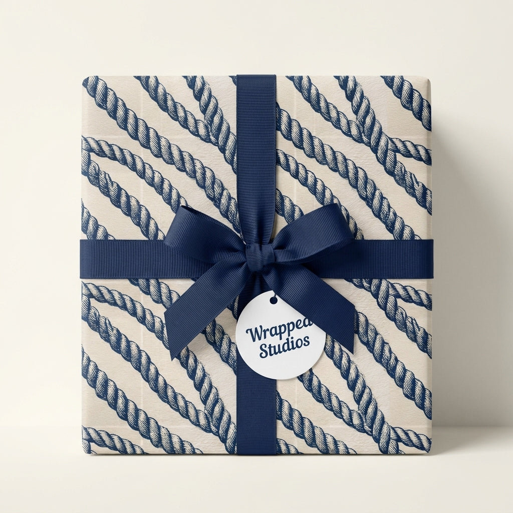 Nautical rope wrapping paper in navy blue and cream with a matching ribbon by Wrapped Studios.